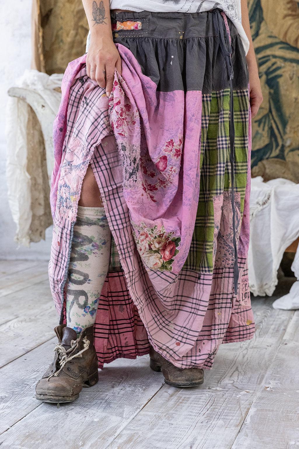 Magnolia Pearl artisan patchwork skirt in pink and green plaid with whimsical vintage style.