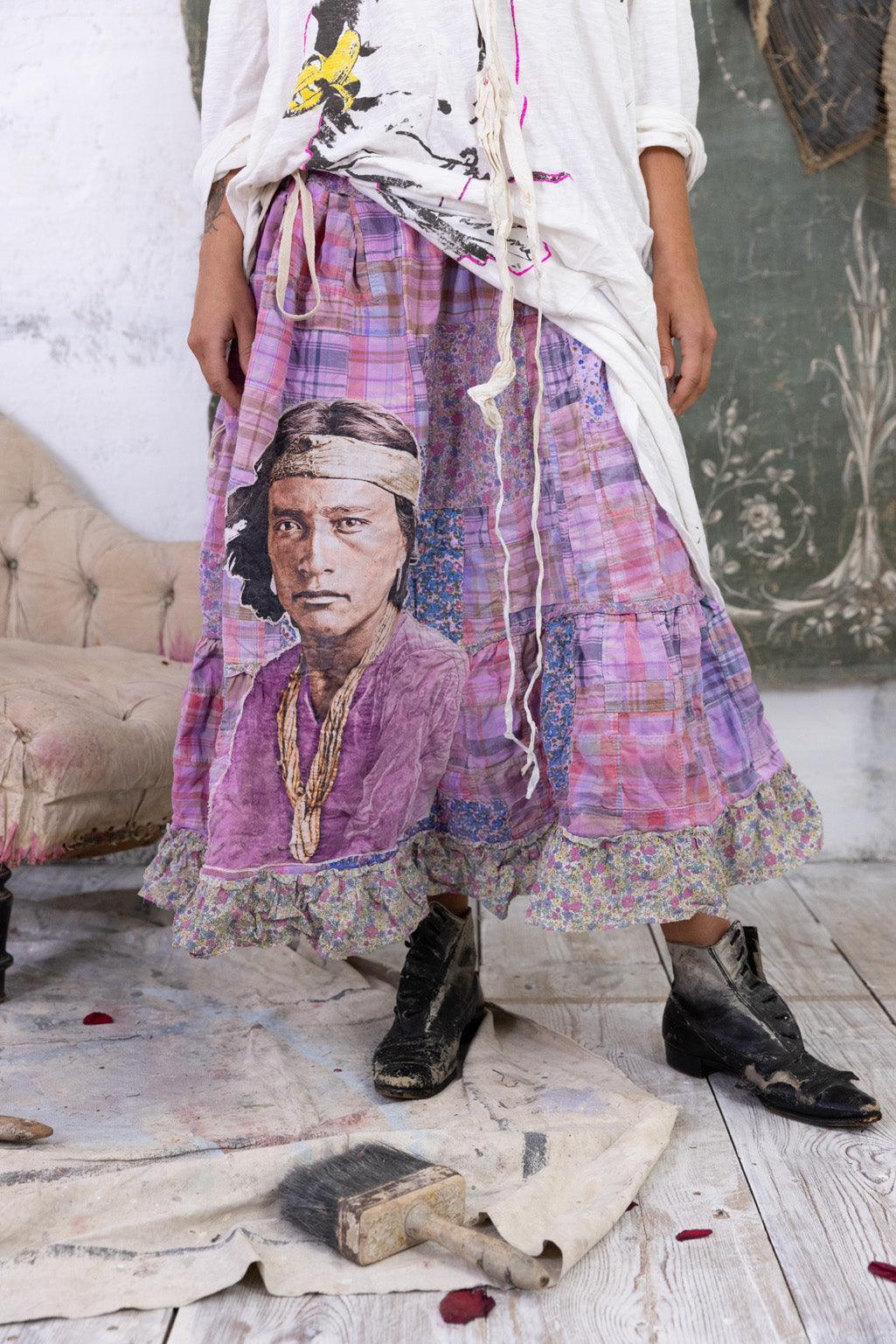 Magnolia Pearl whimsical artisan skirt with portrait, vintage distressed setting, unique fashion