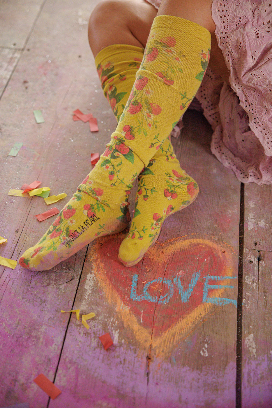 Blossom Berry OTK Socks Magnolia Pearl Clothing, yellow knee high socks with strawberry print on them