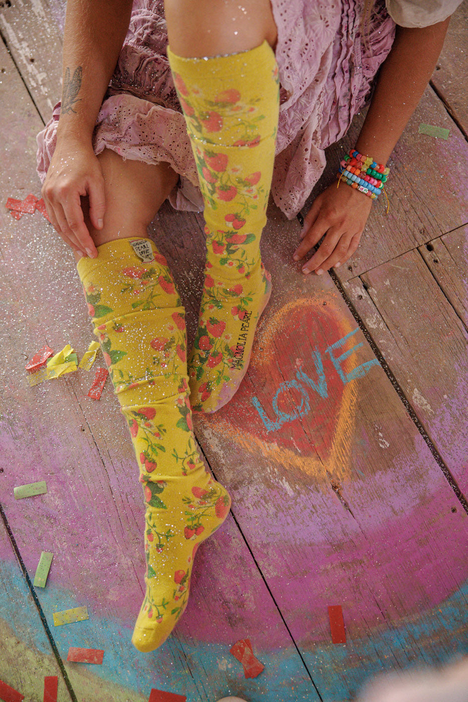 Blossom Berry OTK Socks Magnolia Pearl Clothing, yellow knee high socks with strawberry print on them