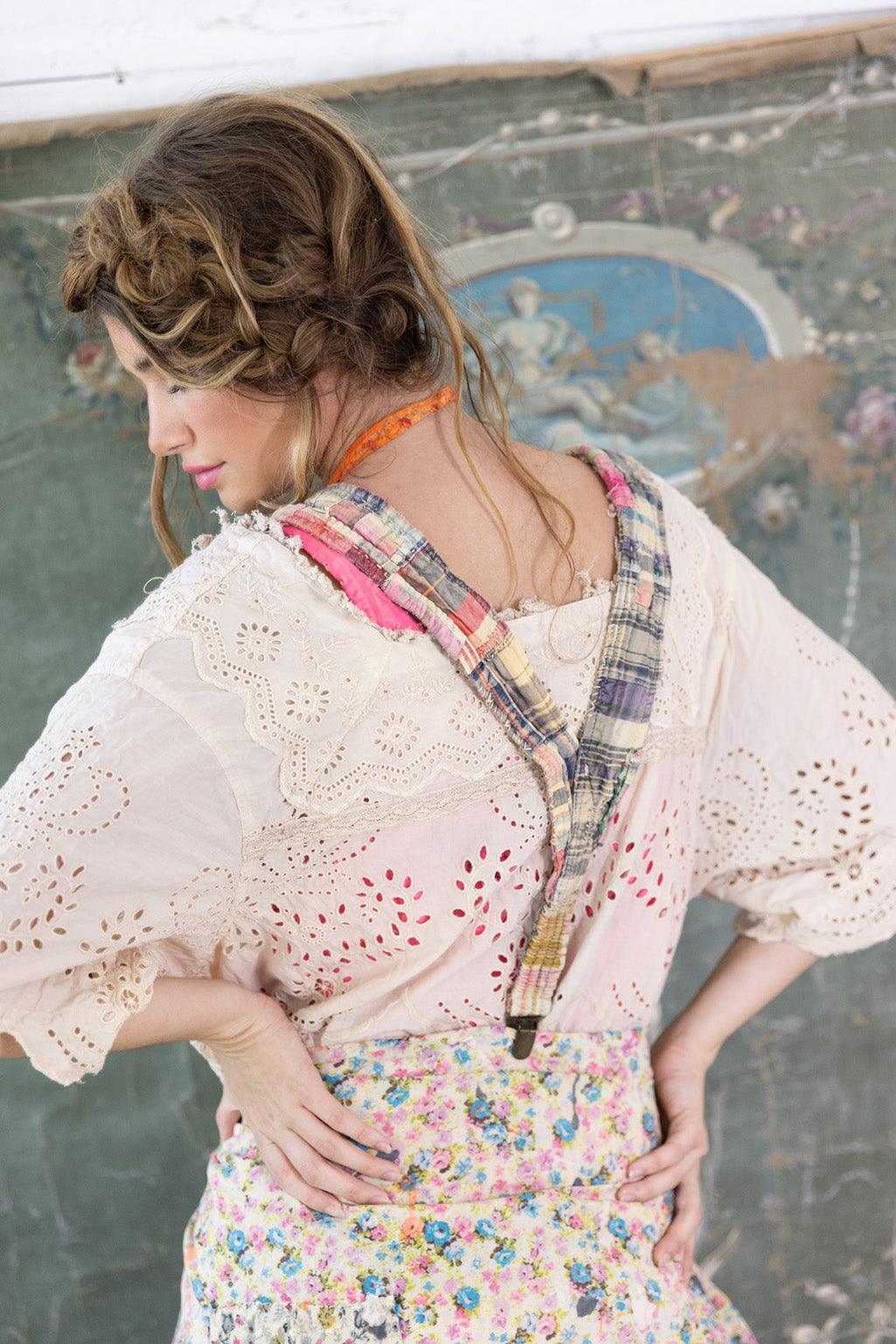 Magnolia Pearl artisan vintage eyelet blouse, floral skirt, and plaid suspenders, whimsical style