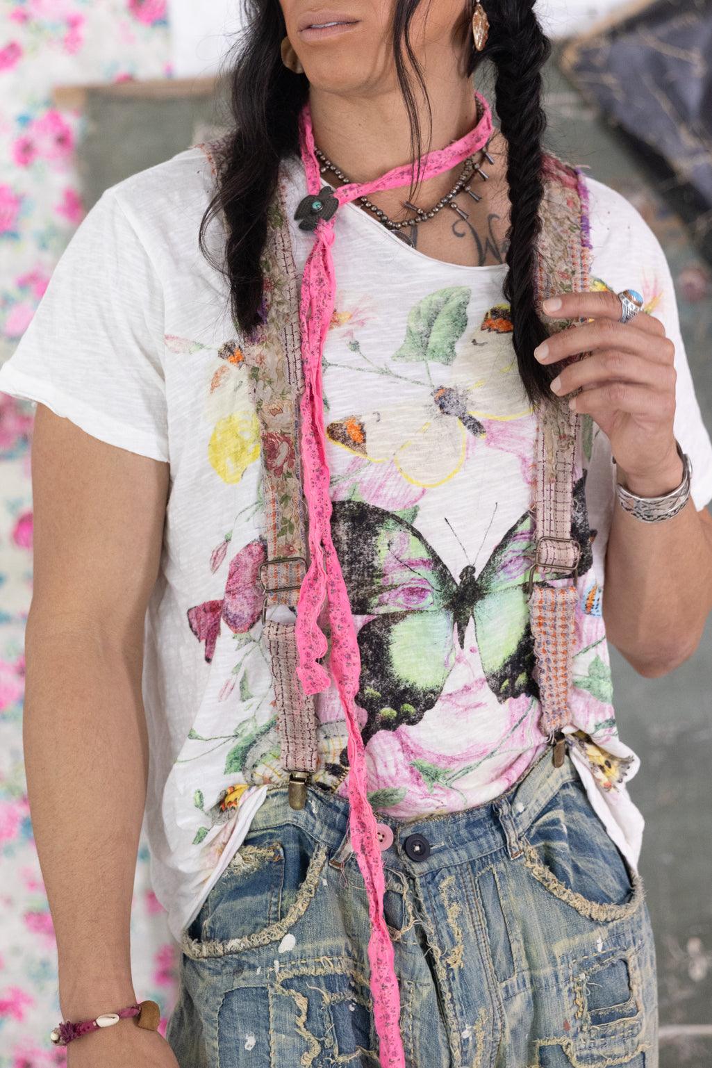 Magnolia Pearl artisan suspender jeans, floral butterfly vintage shirt, whimsical design