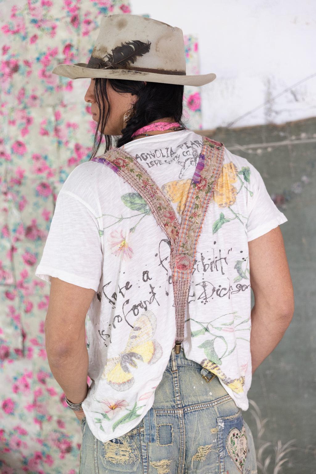 Magnolia Pearl artisan vintage tee, suspenders, distressed jeans, whimsical floral design