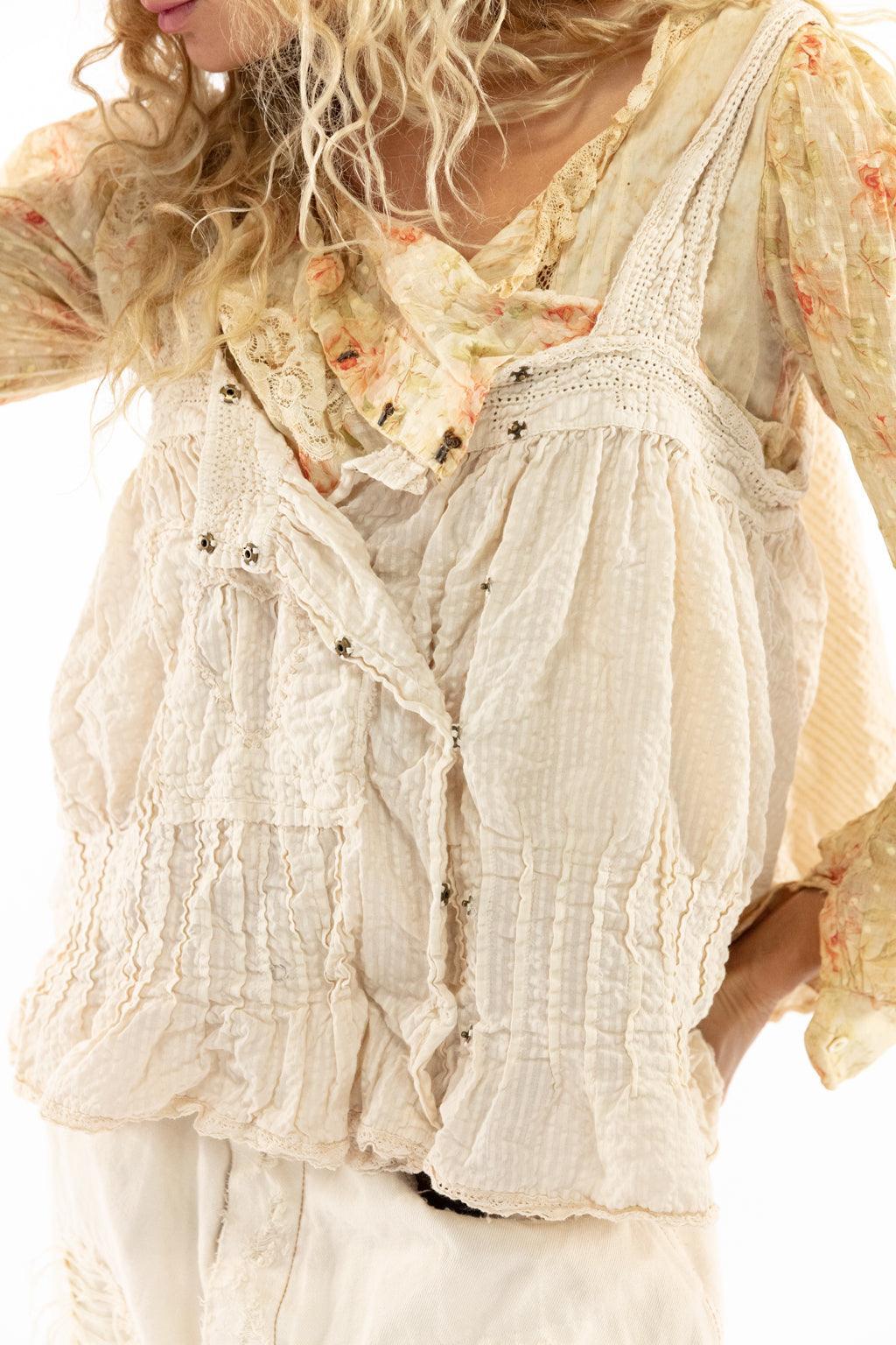 Magnolia Pearl vintage-inspired cream artisan top with whimsical floral details and lace accents