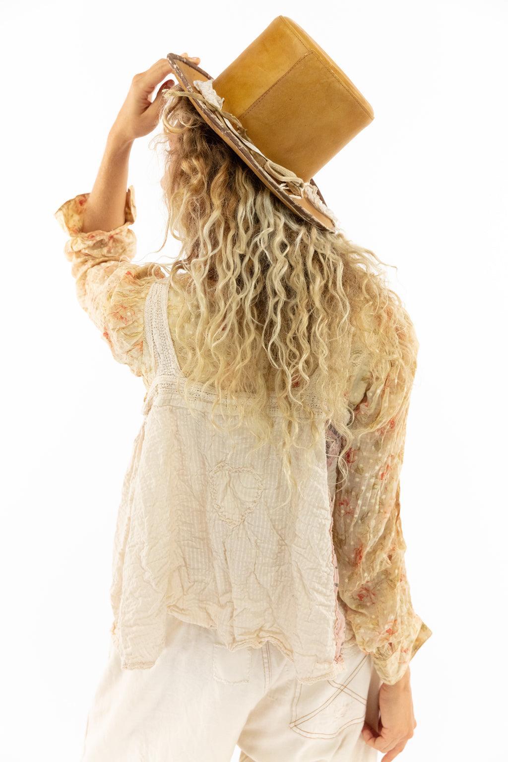 Magnolia Pearl artisan vintage style top, floral blouse, whimsical hat, unique boho fashion