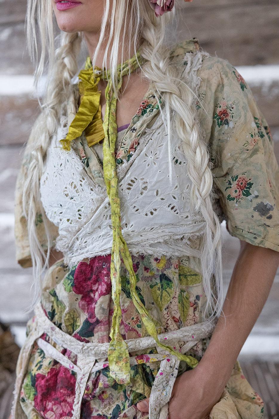 Magnolia Pearl artisan floral dress with lace, vintage whimsical style, unique handmade clothing