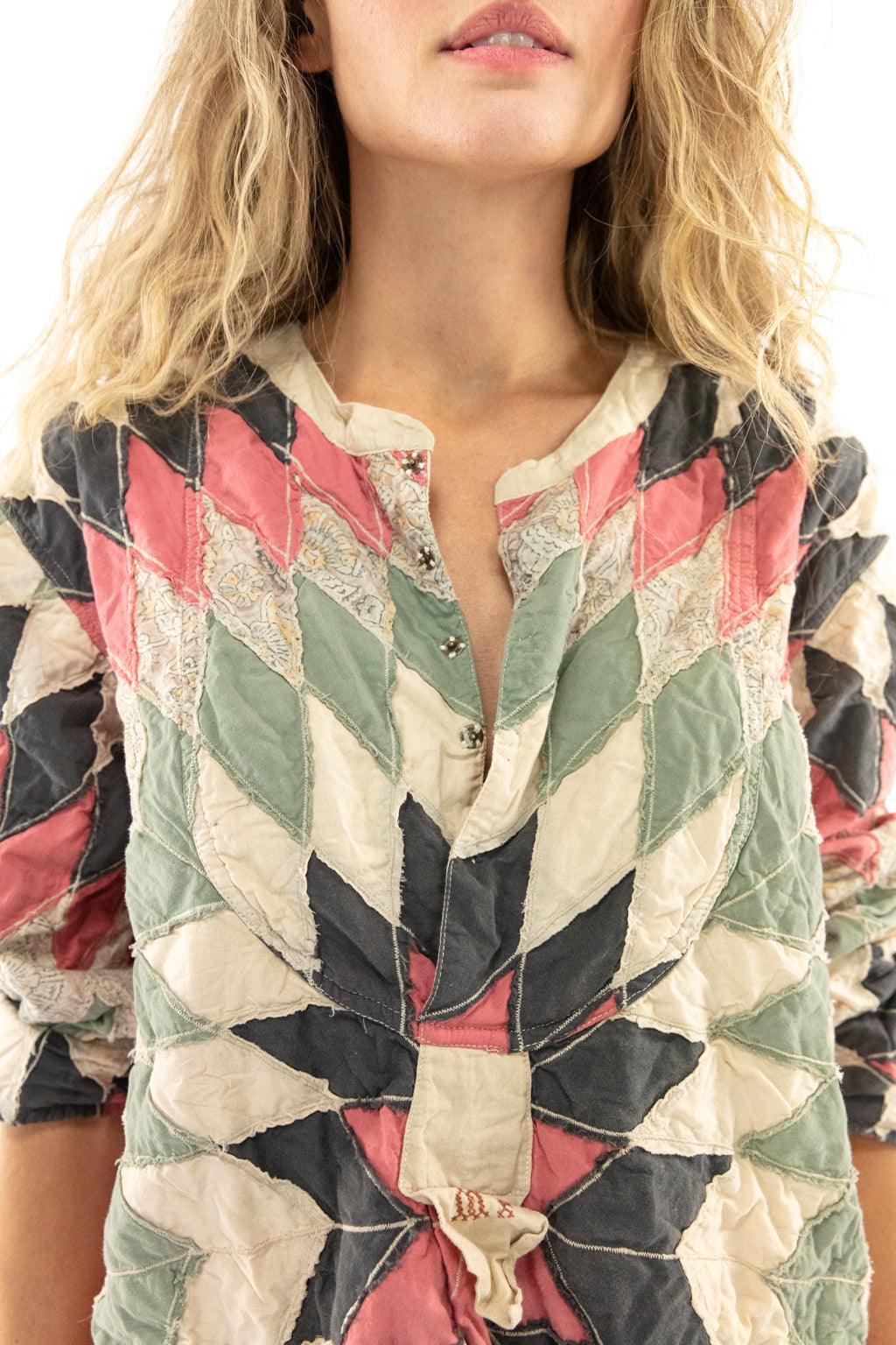 Woman in Magnolia Pearl artisan quilted star top, vintage patchwork pants, top hat, whimsical style