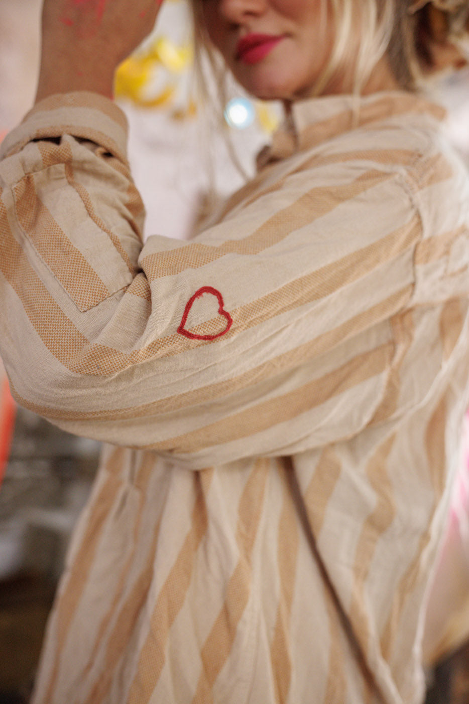Magnolia Pearl artisan striped shirt with red heart embroidery, whimsical vintage style clothing