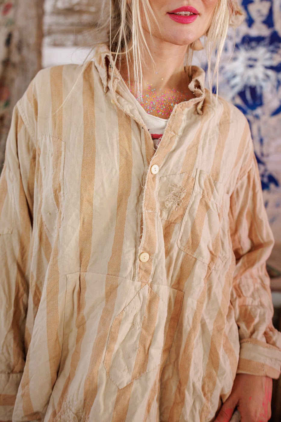 Magnolia Pearl artisan vintage beige striped shirt with whimsical distressed details