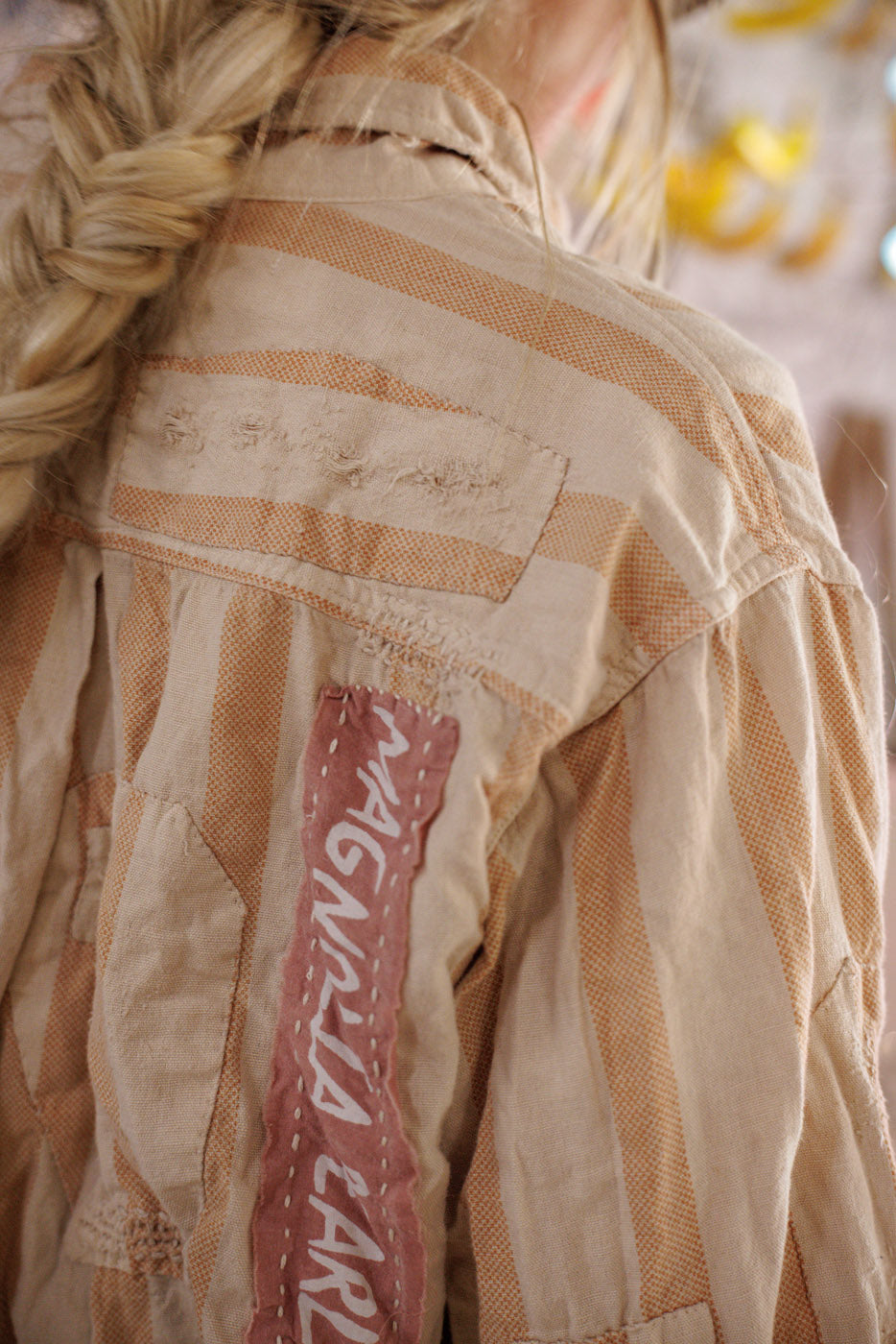 Magnolia Pearl artisan striped vintage shirt with whimsical patchwork and unique handmade style