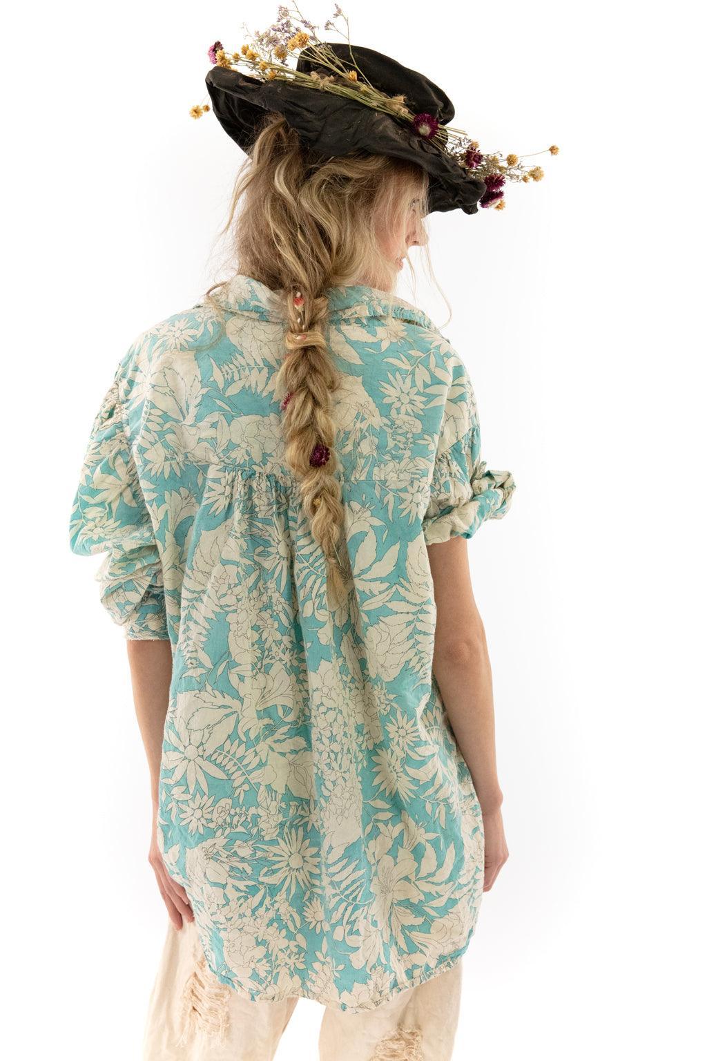 Magnolia Pearl artisan floral blouse, whimsical blue vintage shirt, woman in flower hat