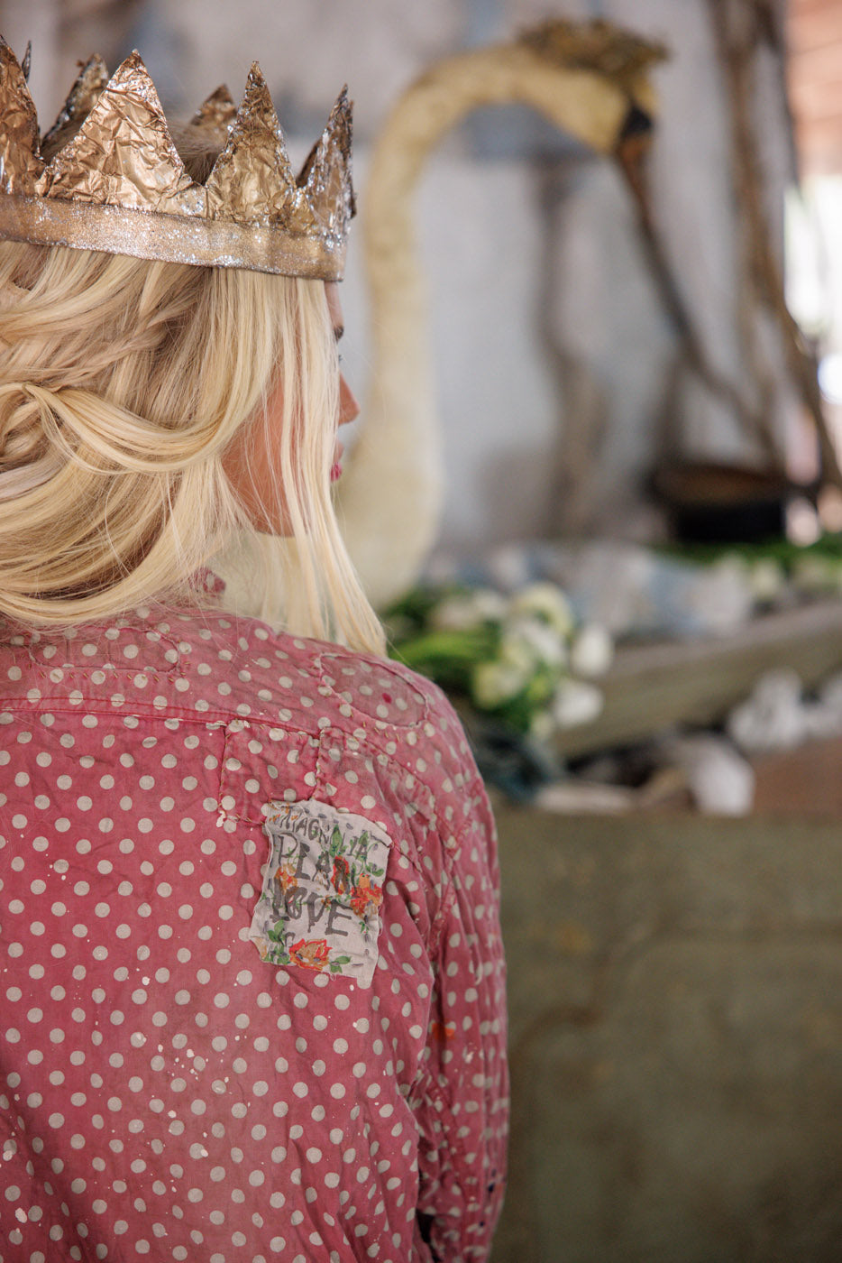 Magnolia Pearl artisan polka dot shirt, vintage patch, whimsical crown, boho clothing style