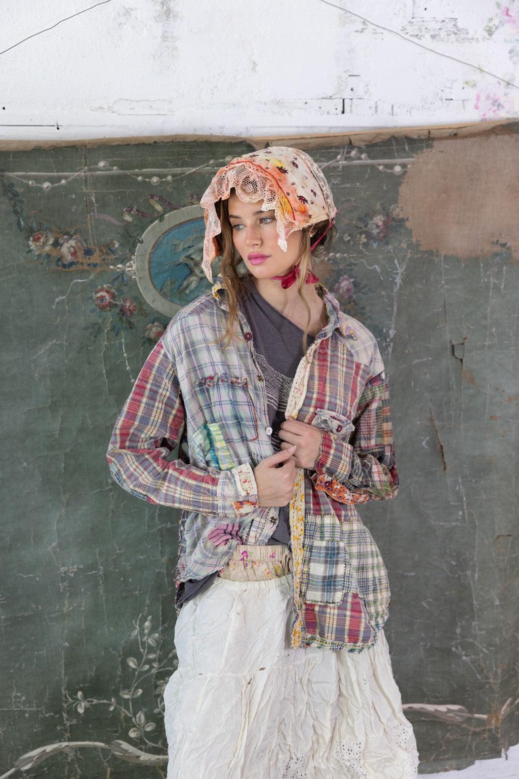 Woman wearing Magnolia Pearl artisan patchwork plaid jacket and vintage lace bonnet, whimsical style