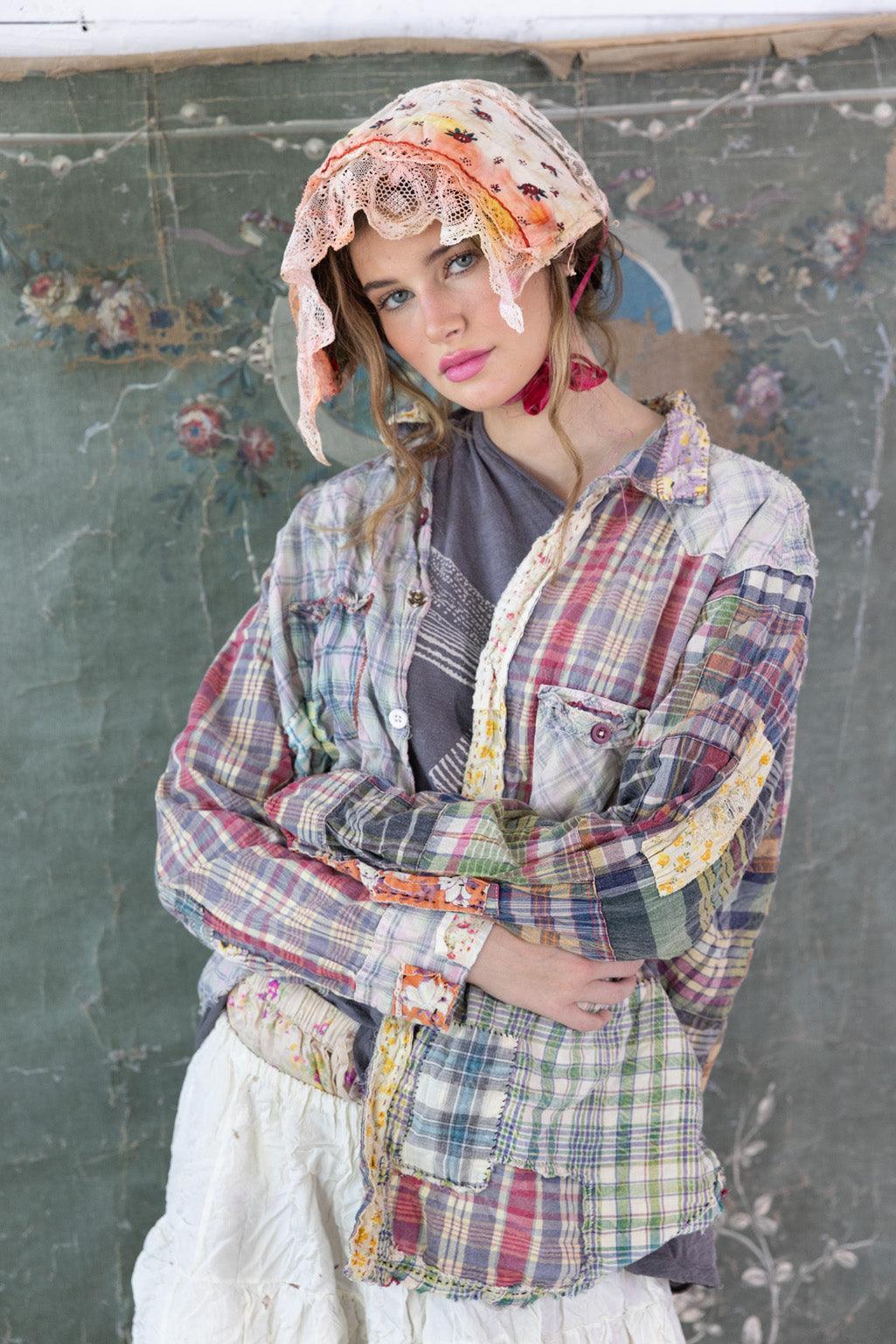 Woman wearing Magnolia Pearl artisan patchwork plaid jacket and vintage lace bonnet, whimsical style
