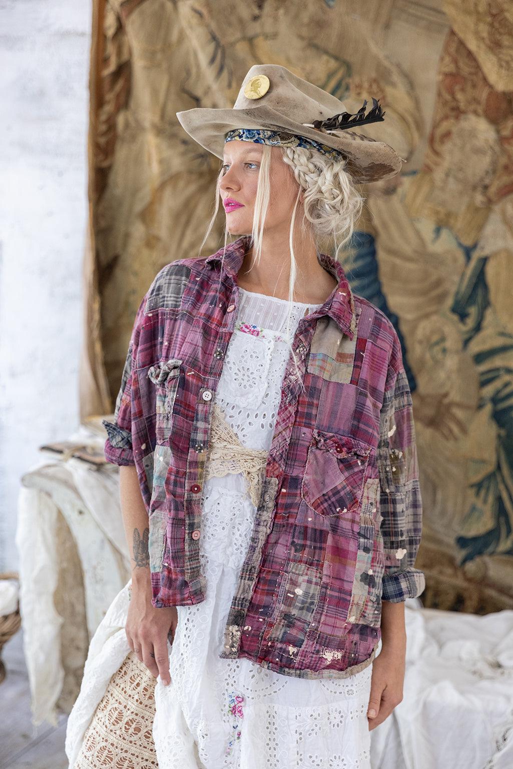 Magnolia Pearl artisan vintage patchwork shirt and lace dress, whimsical boho style