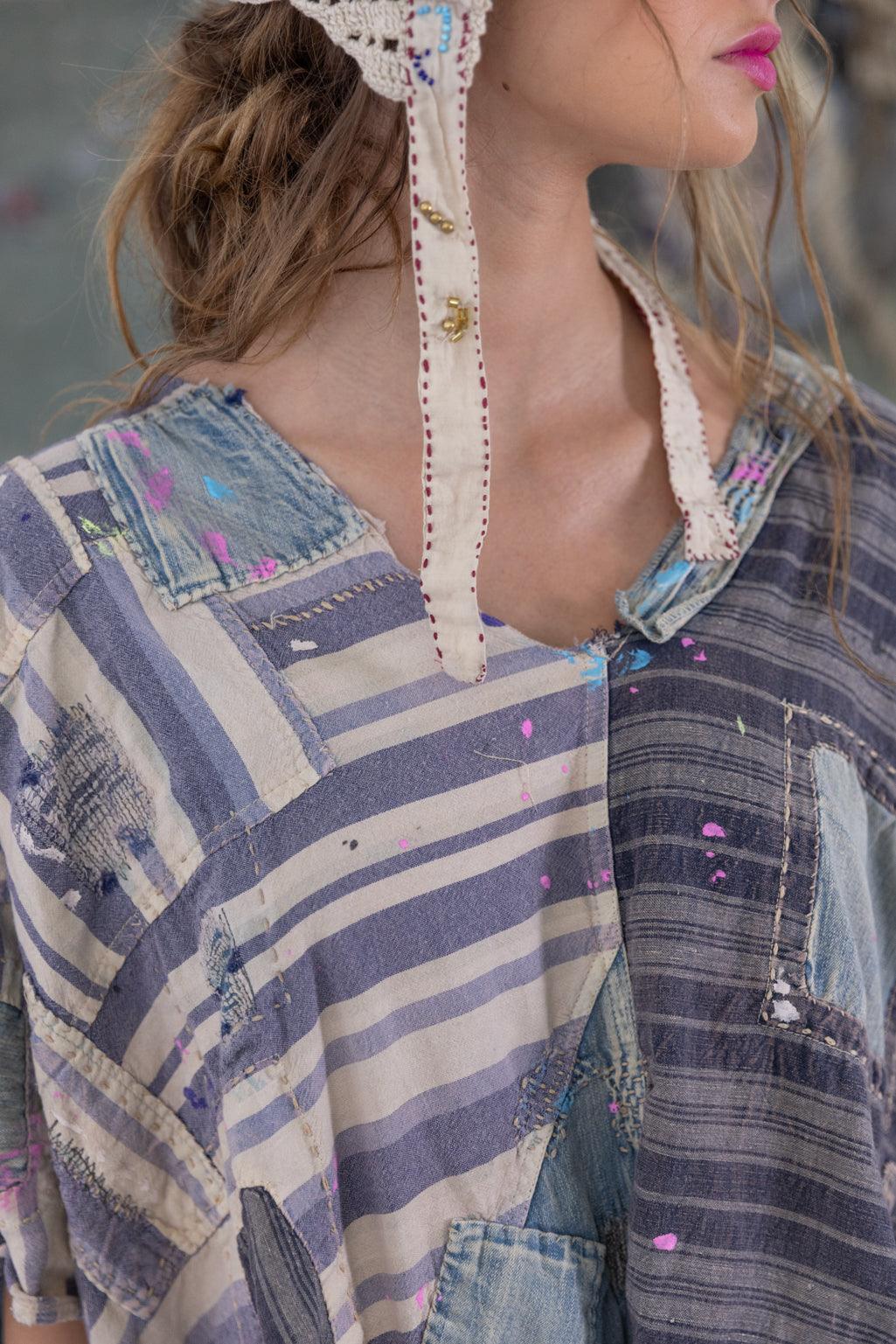 Magnolia Pearl artisan striped top with patchwork denim, whimsical vintage style clothing