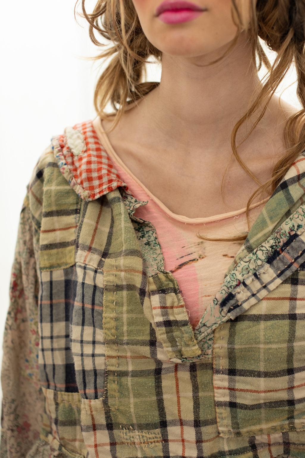 Magnolia Pearl artisan plaid patchwork shirt with whimsical vintage style and unique design