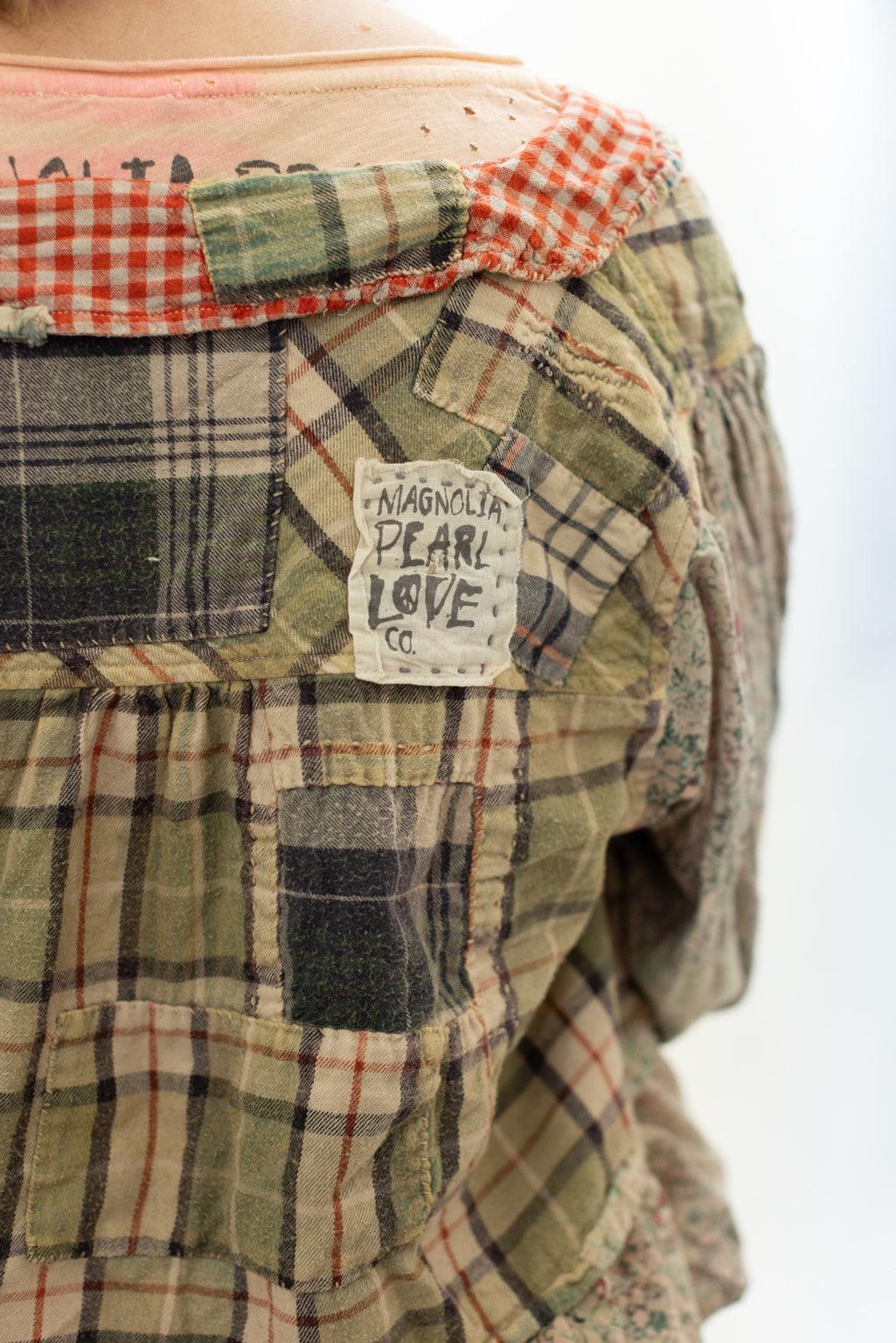 Magnolia Pearl artisan vintage plaid jacket with whimsical patchwork and distressed details