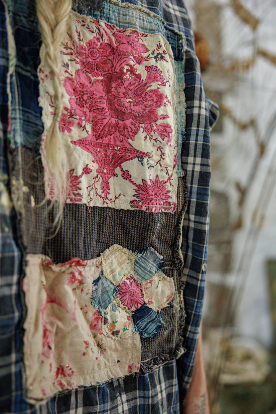 Magnolia Pearl artisan plaid shirt with whimsical vintage floral patchwork design