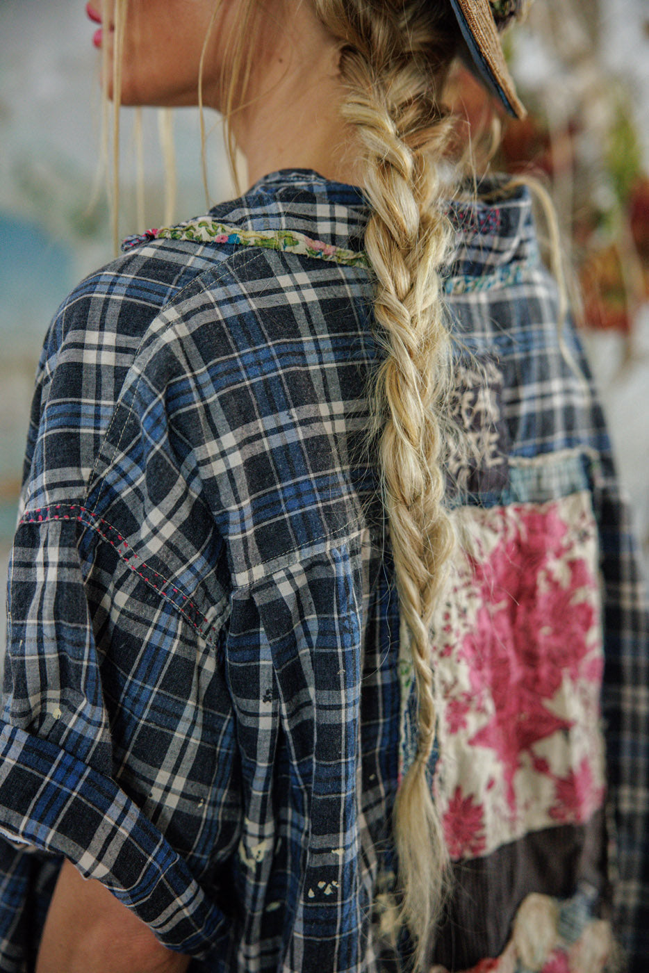 Magnolia Pearl artisan plaid shirt with vintage floral patch, whimsical braided hair style