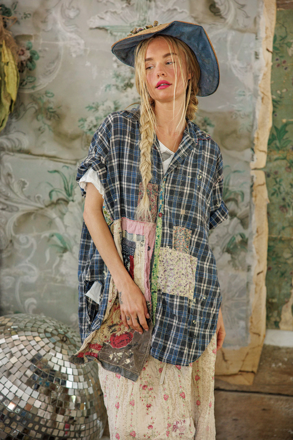 Magnolia Pearl artisan vintage plaid patchwork shirt, whimsical floral skirt, blue hat