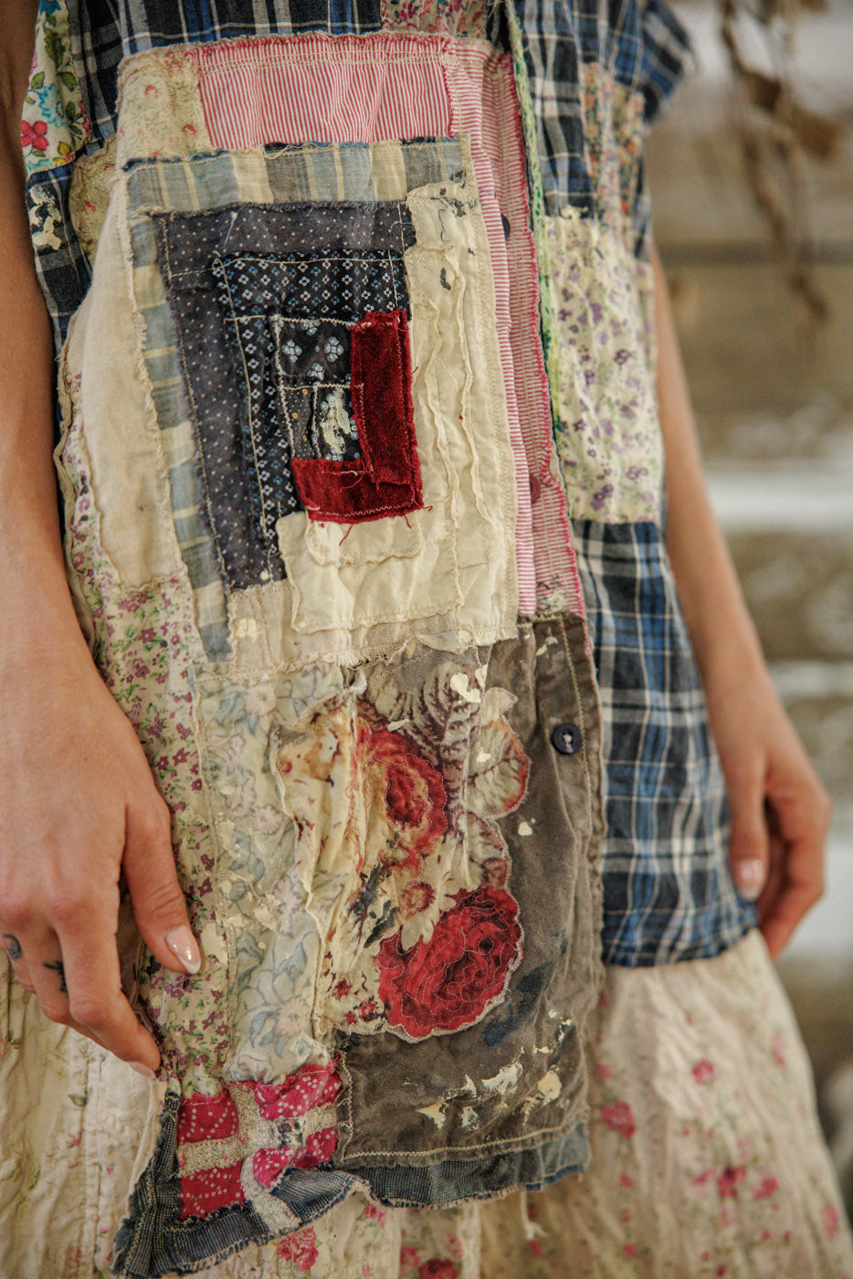 Magnolia Pearl artisan patchwork dress with vintage floral, plaid, and whimsical fabric details