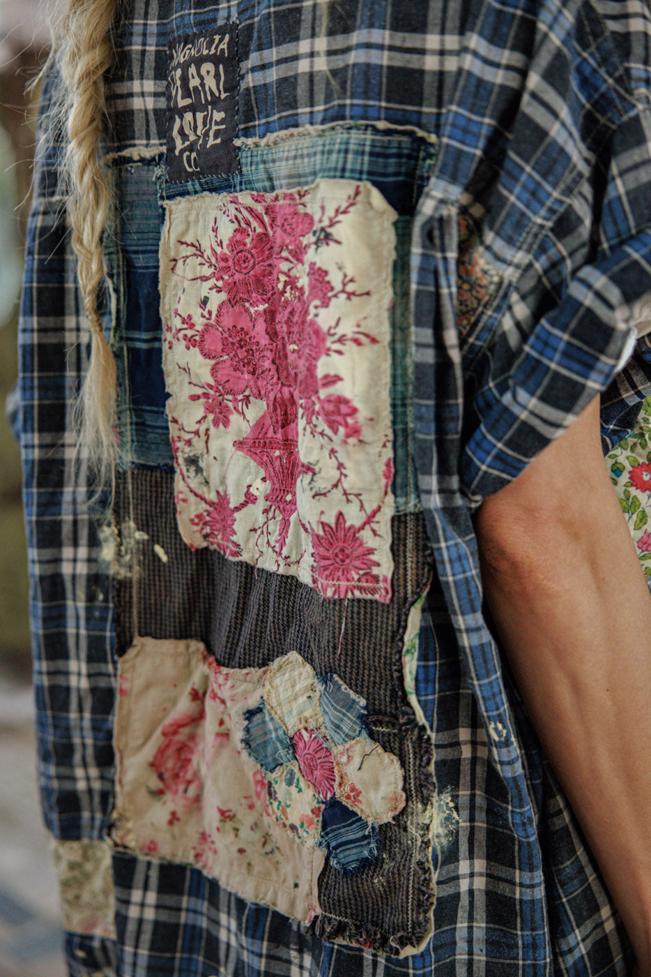 Magnolia Pearl artisan plaid shirt with vintage floral patchwork and whimsical handmade design