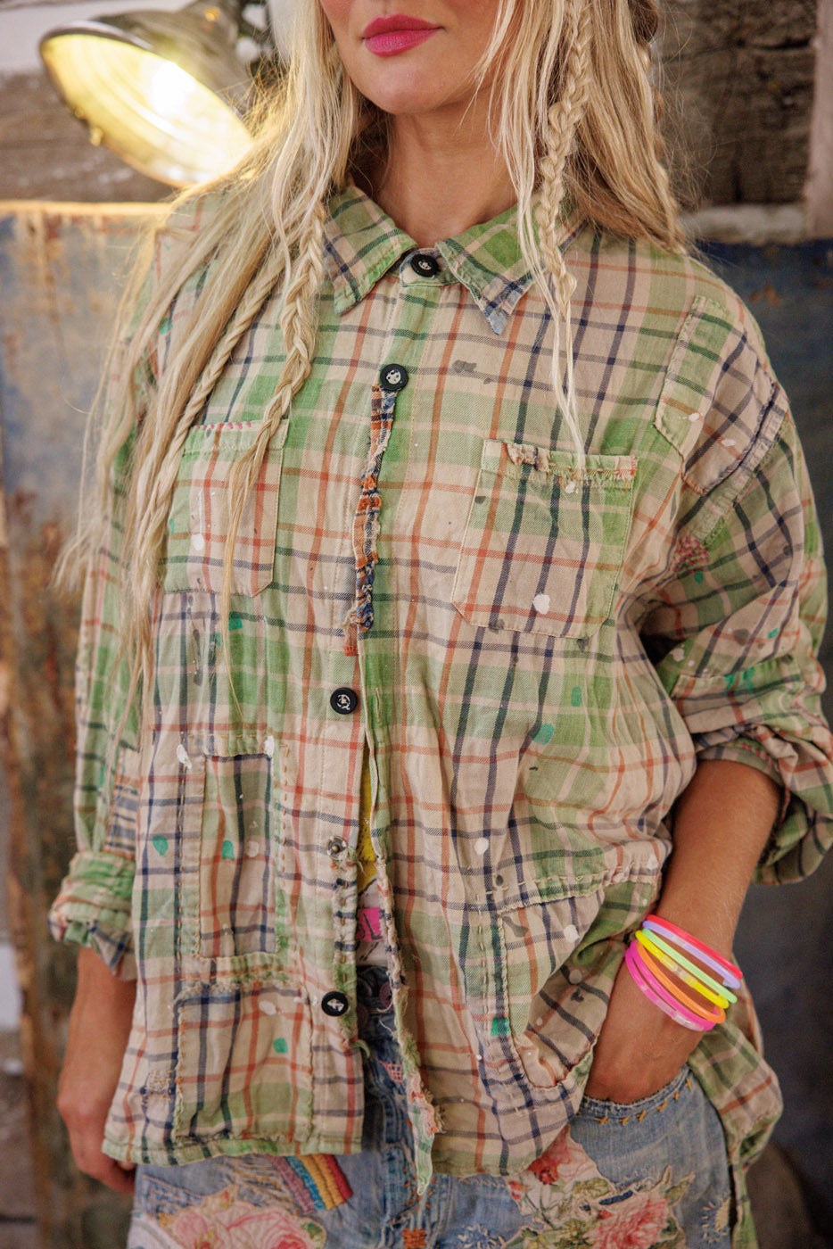 Adison Workshirt Magnolia Pearl Clothing green plaid print flannel vintage style shirt.