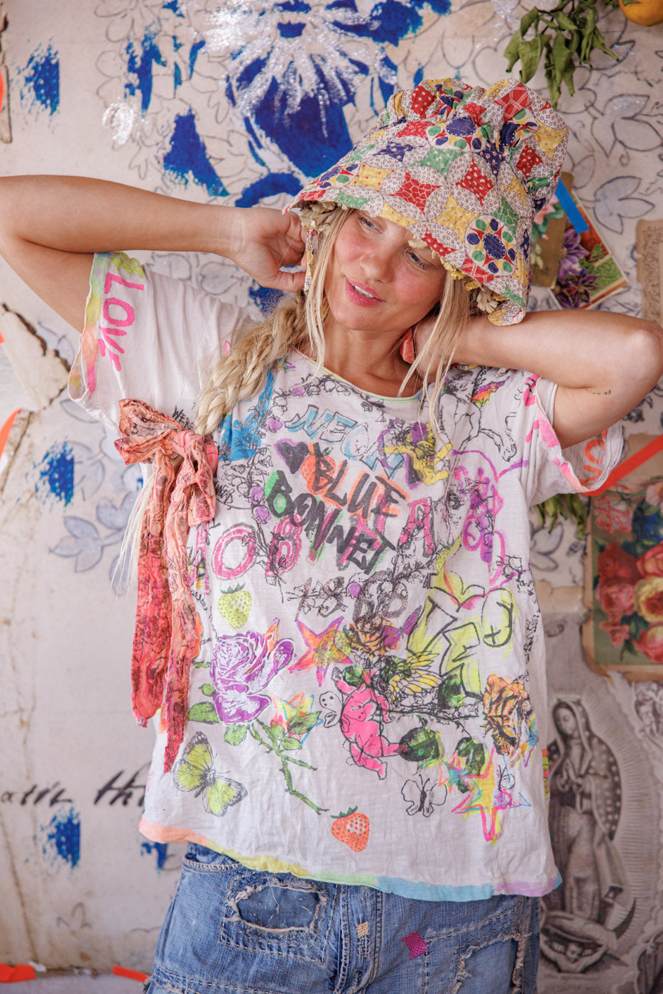 Neon Blå Bonnet Graffiti T Regnbue Dråbe 
