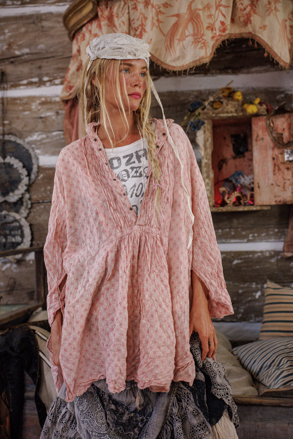 Magnolia Pearl artisan clothing, woman in whimsical vintage layered dress, rustic cottage setting