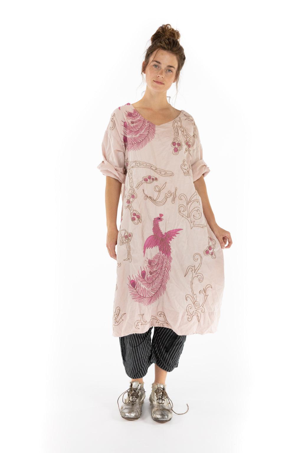 Magnolia Pearl artisan lilac tunic with whimsical pink bird embroidery, vintage style fashion