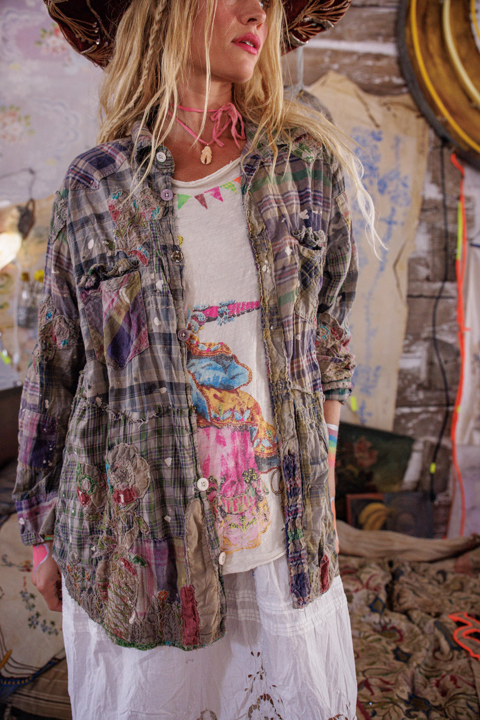 Camisa Occidental Kelly de Apliques Verde Madras 