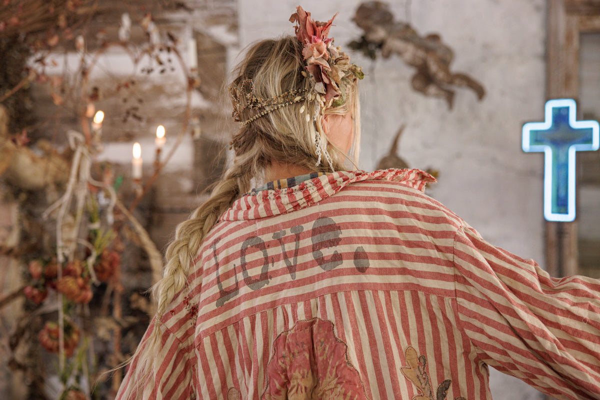 Magnolia Pearl striped artisan jacket with LOVE text, vintage floral, whimsical boho style
