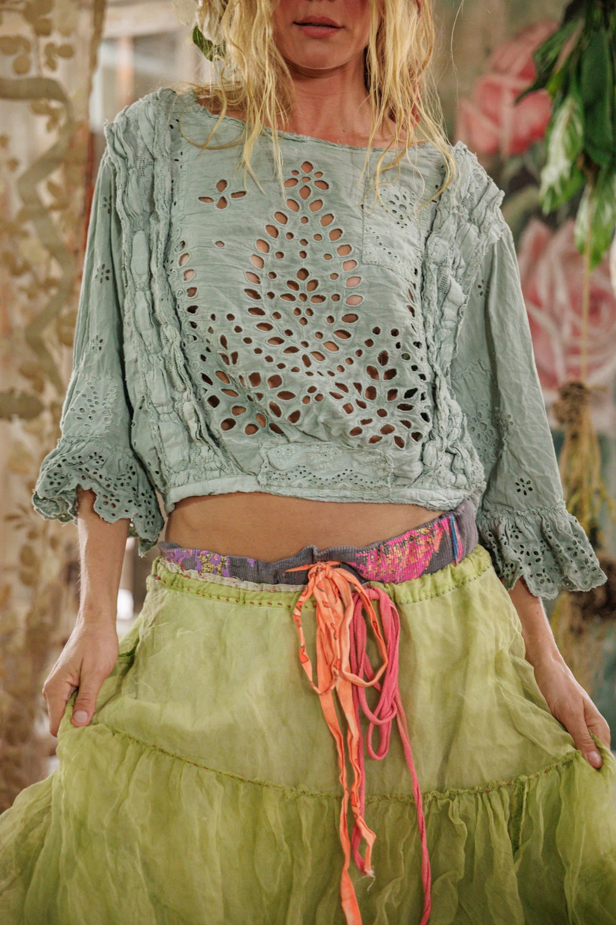 Блуза с якичка Eyelet Pinny в морскосиво 