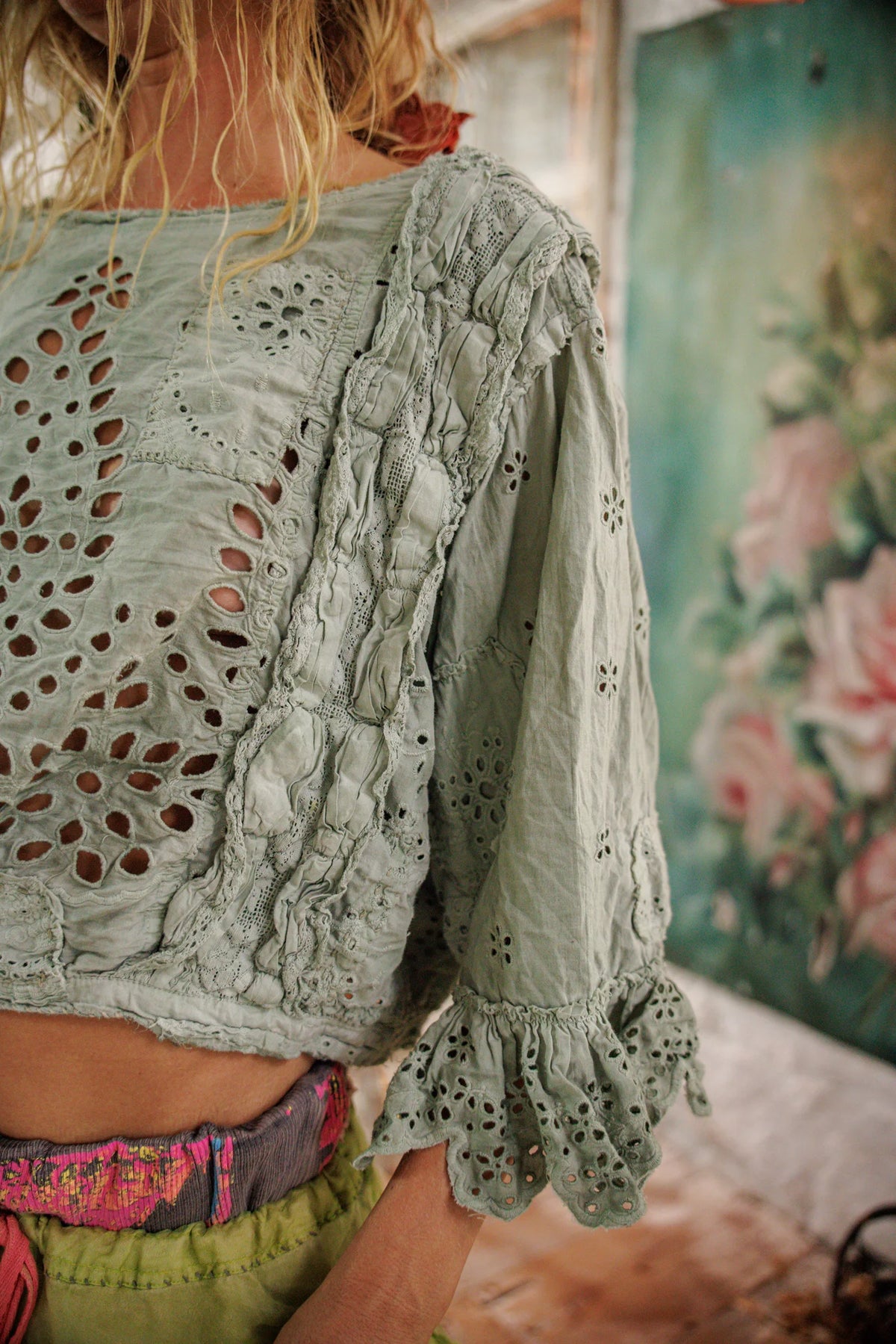 Блуза с якичка Eyelet Pinny в морскосиво 