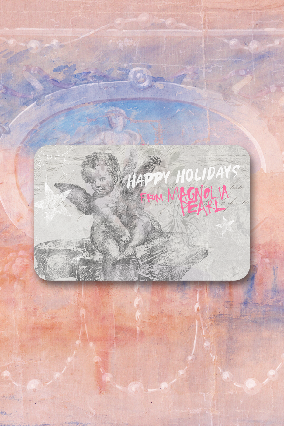 Magnolia Pearl holiday gift card with vintage cherub, artisan whimsical design, pastel background