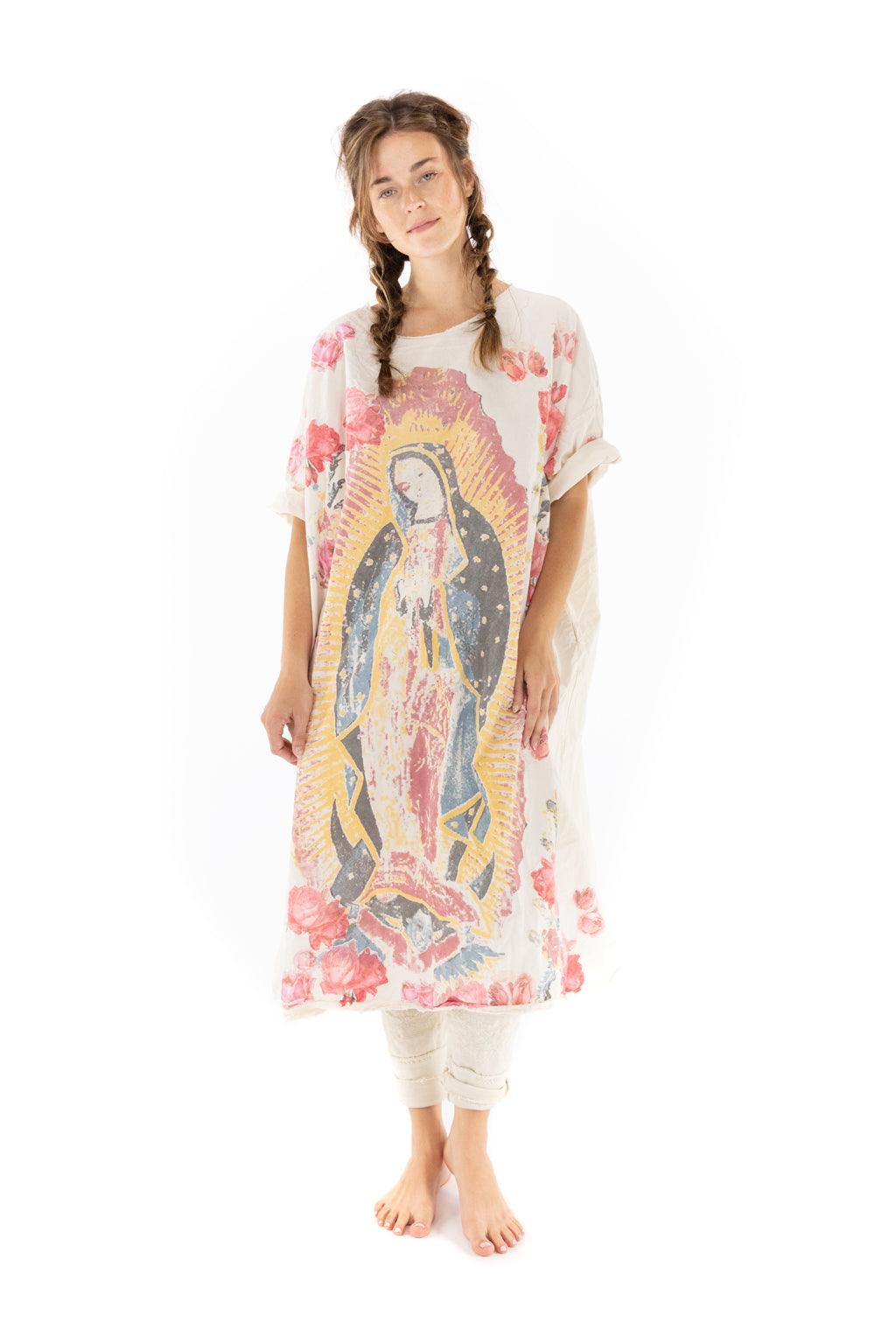 Magnolia Pearl artisan dress with oversized Virgin Mary and floral print, vintage boho style