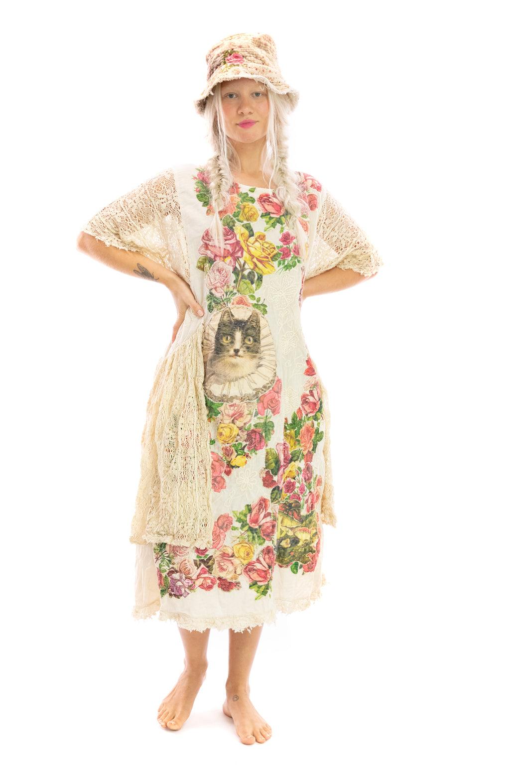 Magnolia Pearl artisan floral vintage lace dress with cat print, whimsical boho fashion