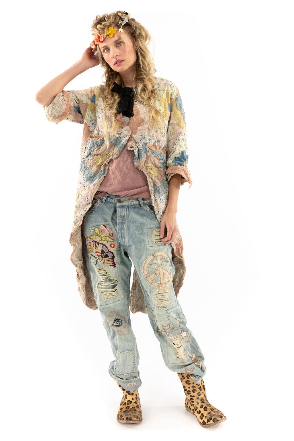Magnolia Pearl artisan patchwork jacket and embroidered jeans, vintage whimsical style fashion