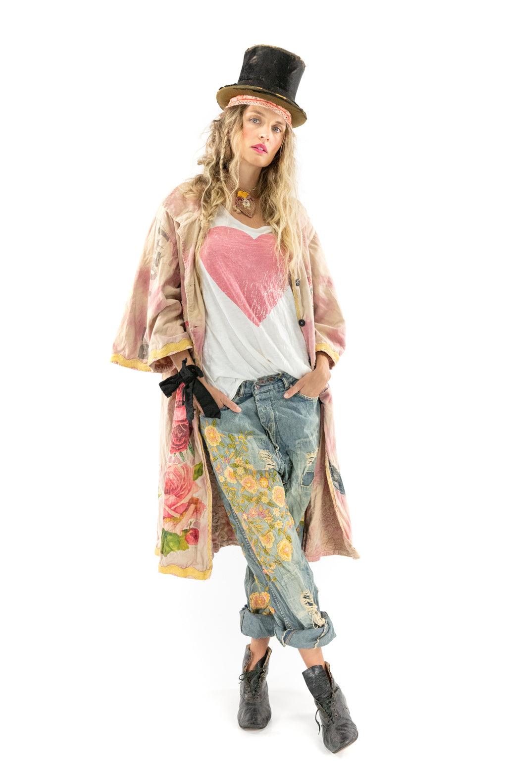 Magnolia Pearl artisan jacket with floral print, heart shirt, embroidered jeans, whimsical vintage style