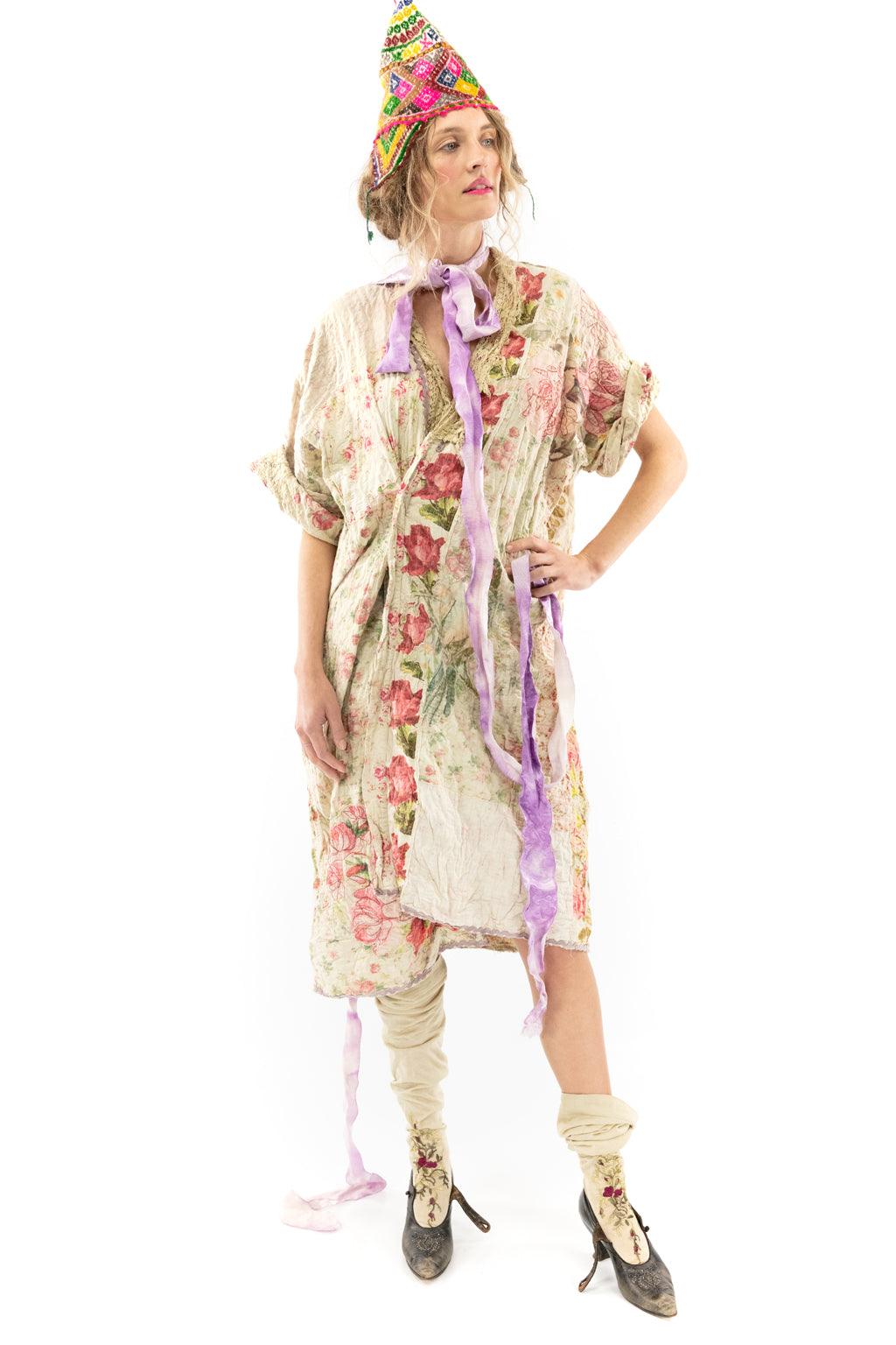 Magnolia Pearl artisan floral jacket with whimsical vintage style, colorful hat, unique fashion