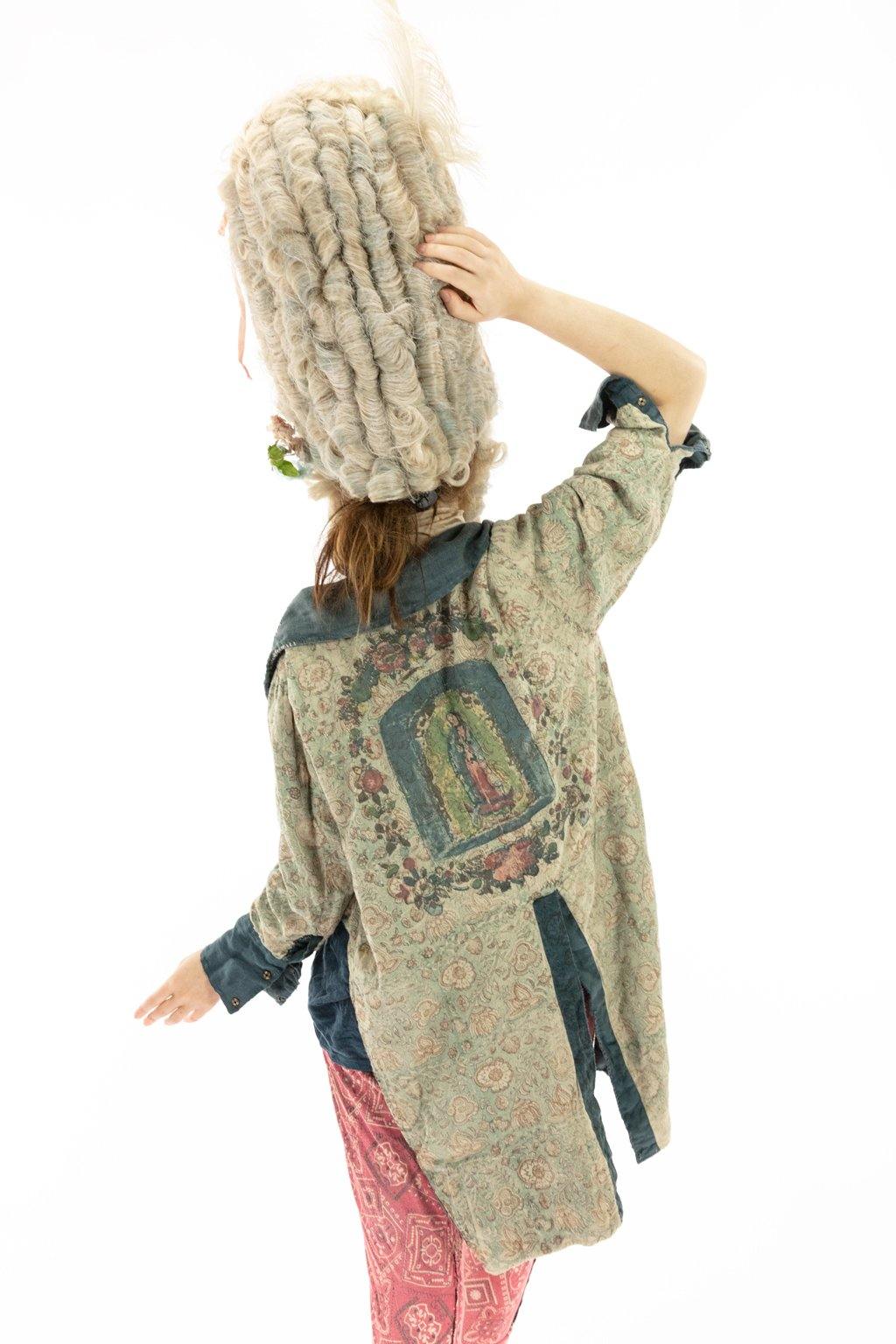 Magnolia Pearl artisan vintage jacket with whimsical back print, model in textured knit hat
