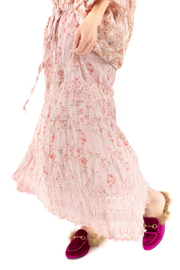 Magnolia Pearl artisan pink floral lace vintage skirt with whimsical details and unique design