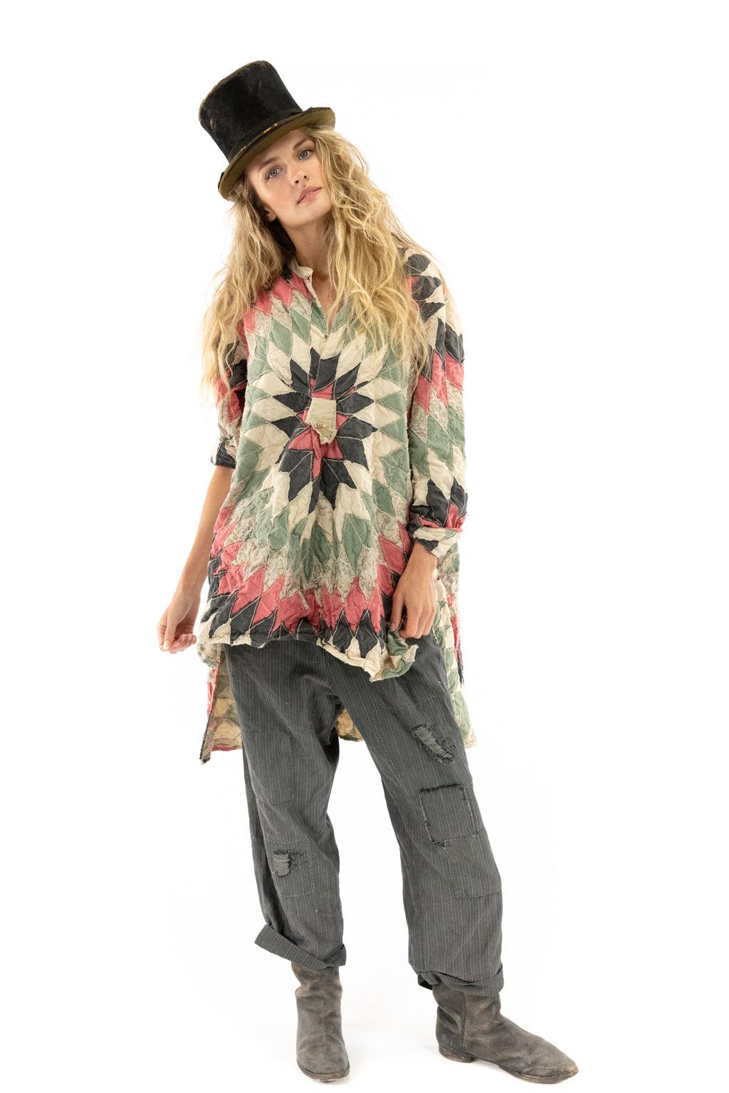 Woman in Magnolia Pearl artisan quilted star top, vintage patchwork pants, top hat, whimsical style