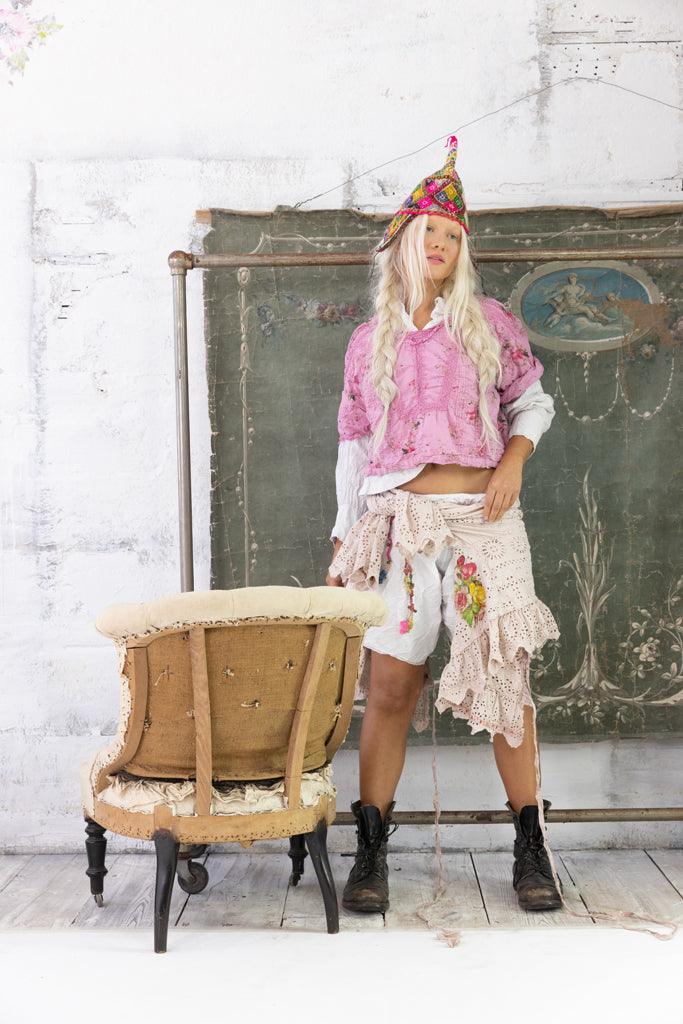 Magnolia Pearl artisan boho outfit, pink top, lace skirt, whimsical hat, vintage style set