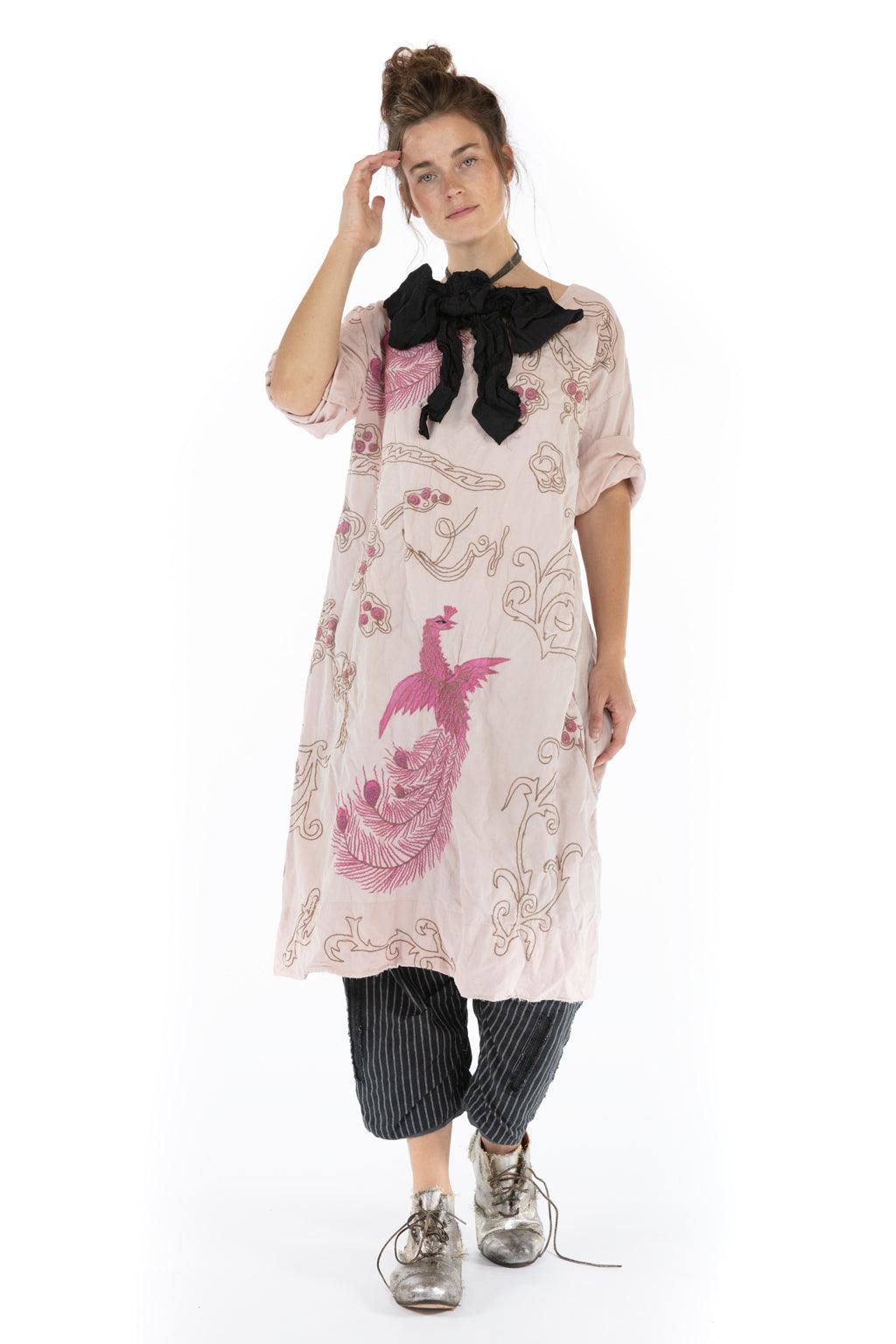 Magnolia Pearl artisan lilac tunic with whimsical pink bird embroidery, vintage style fashion