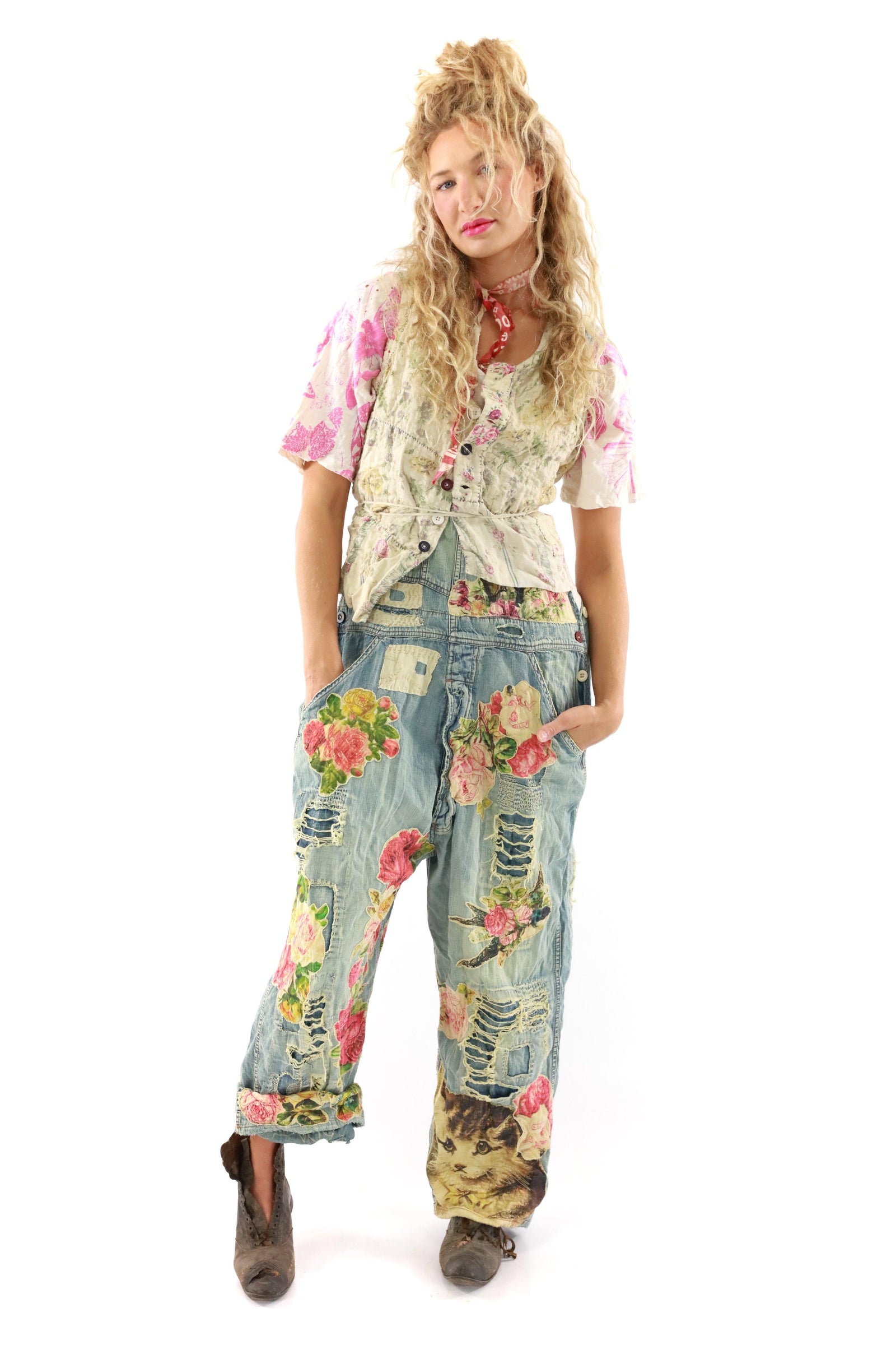 Magnolia Pearl artisan floral jeans and whimsical vintage blouse on model, boho fashion
